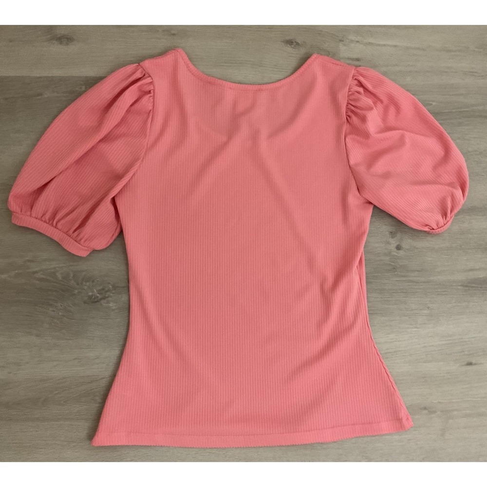 Rachel Parcell Pink Puff Sleeve Ribbed Scoop Neck Top Womens Size M - Picture 2 of 6